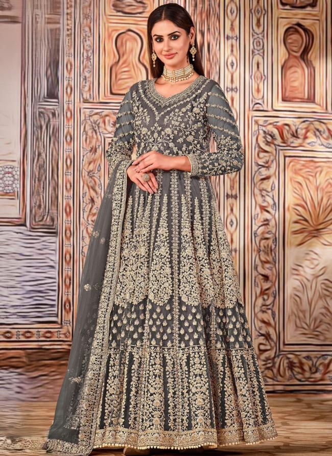 Net Grey Wedding Wear Embroidery Work Anarkali Suit